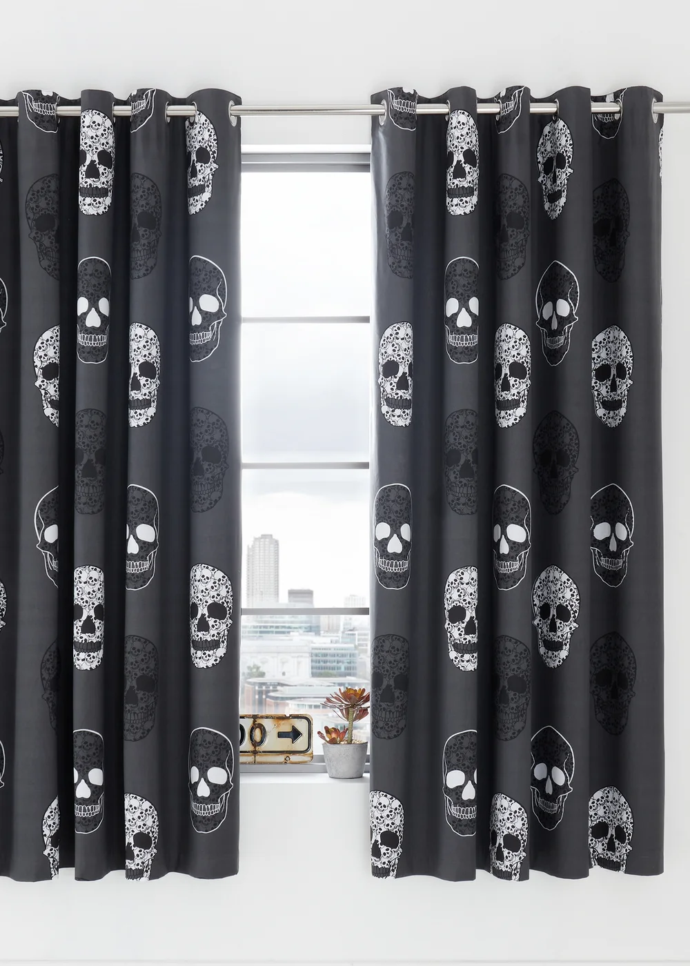 Catherine Lansfield Skulls Fully Reversible Eyelet Curtains Grey - 66W X 72D (168x183cm) Image 1