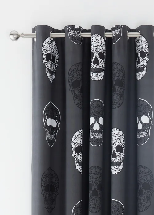 Catherine Lansfield Skulls Fully Reversible Eyelet Curtains Grey - 66W X 72D (168x183cm) Image 3