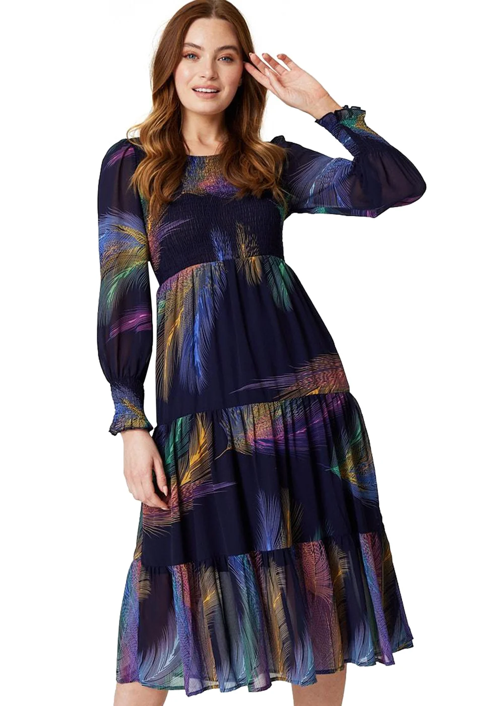 Izabel London Blue Feather Print Midi Smock Dress - 8 Image 1