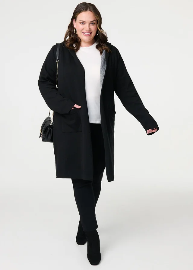 Izabel London Black Open Front Hooded Longline Cardigan