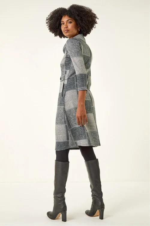 Roman Grey Patchwork Cowl Neck Button Detail Dress - 16 Image 3