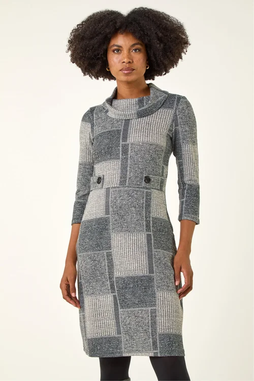 Roman Grey Patchwork Cowl Neck Button Detail Dress - 16 Image 2