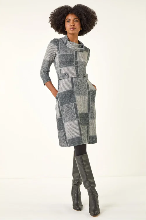 Roman Grey Patchwork Cowl Neck Button Detail Dress - 16 Image 1