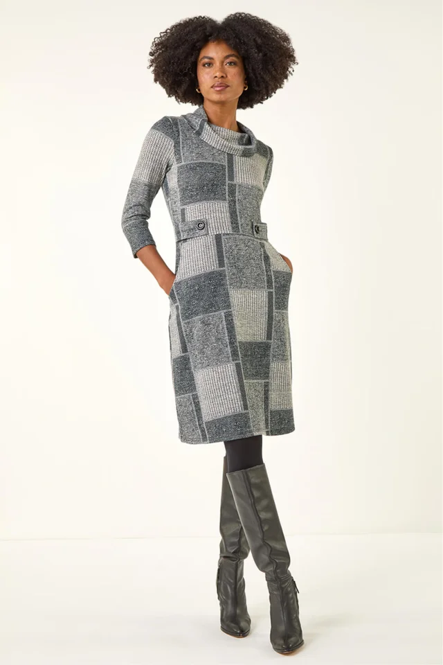 Roman Grey Patchwork Cowl Neck Button Detail Dress