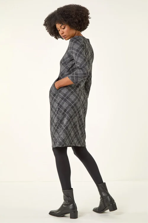 Roman Dark Grey Checked Pleat Front Shift Dress - 20 Image 3