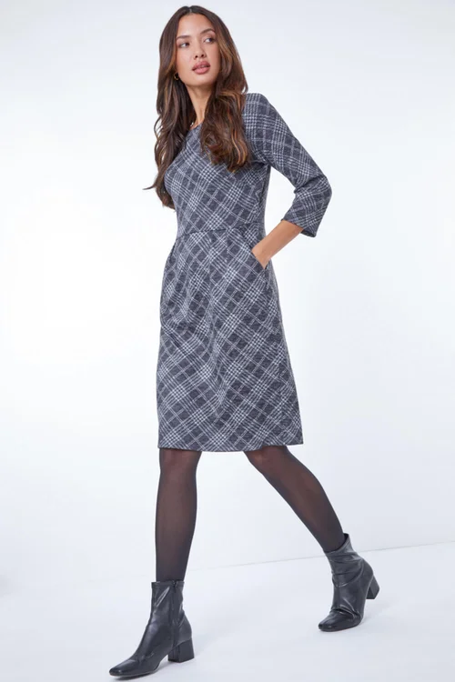 Roman Dark Grey Checked Pleat Front Shift Dress - 20 Image 1