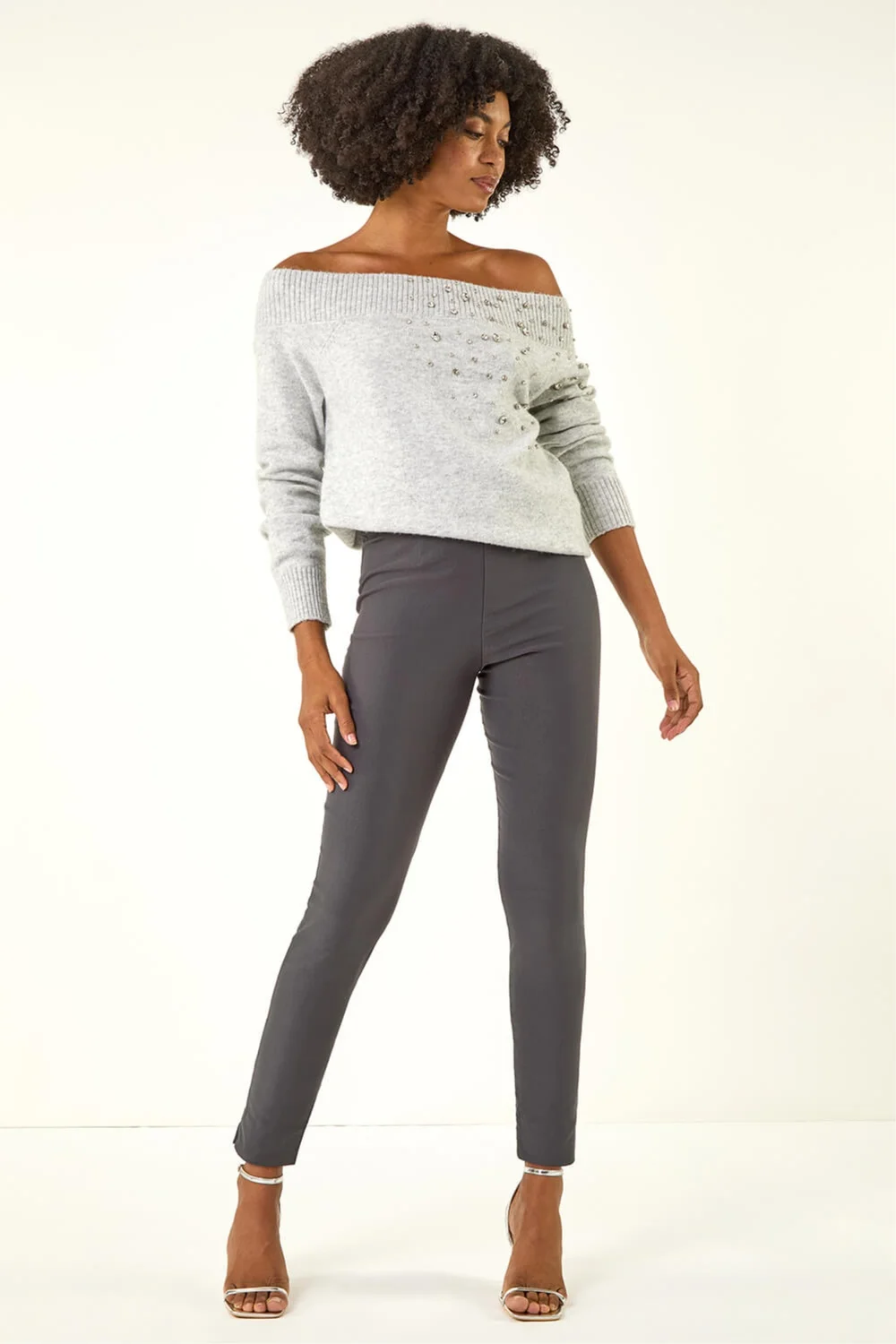 Roman Dark Grey Full Length Elastic Waist Stretch Trousers - 18 Image 2