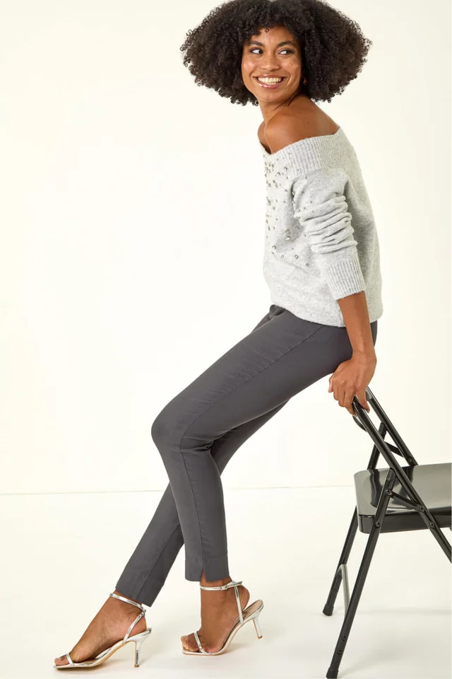 Roman Dark Grey Full Length Elastic Waist Stretch Trousers