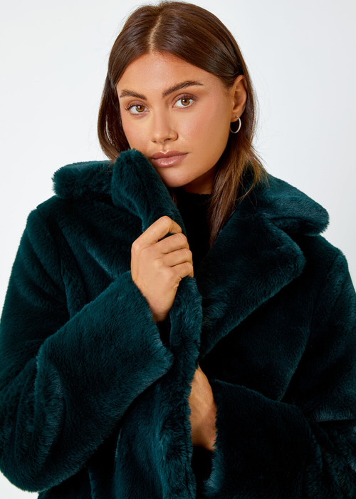 Roman Emerald Faux Fur Longline Coat - Size 14 Image 4