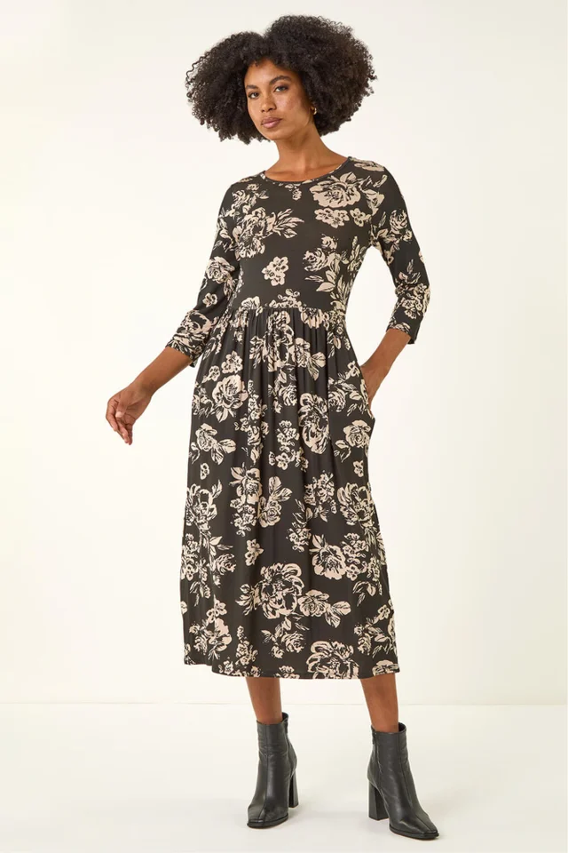 Roman Black Floral Pocket Stretch Midi Dress