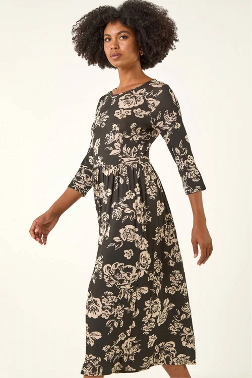 Roman Black Floral Pocket Stretch Midi Dress - 12 Image 4