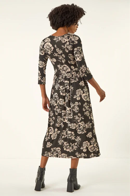 Roman Black Floral Pocket Stretch Midi Dress - 12 Image 3