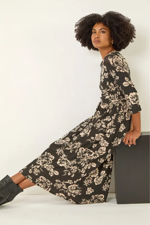 Roman Black Floral Pocket Stretch Midi Dress - 12 Image 1