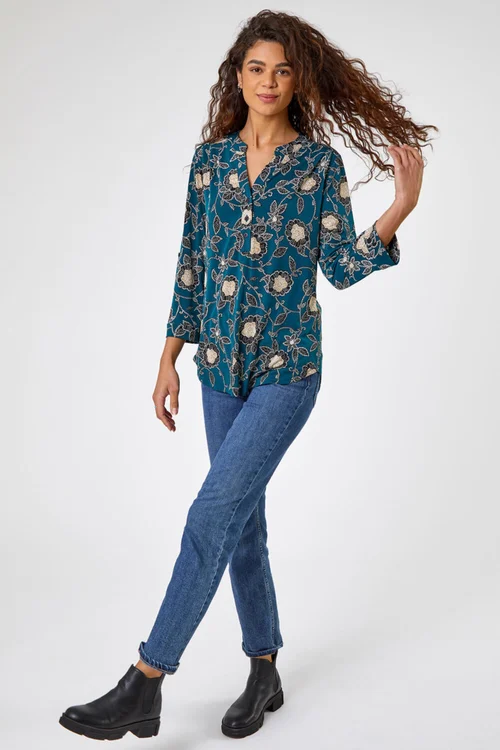 Roman Green Textured Floral Print Notch Neck Top - Size 20 Image 4