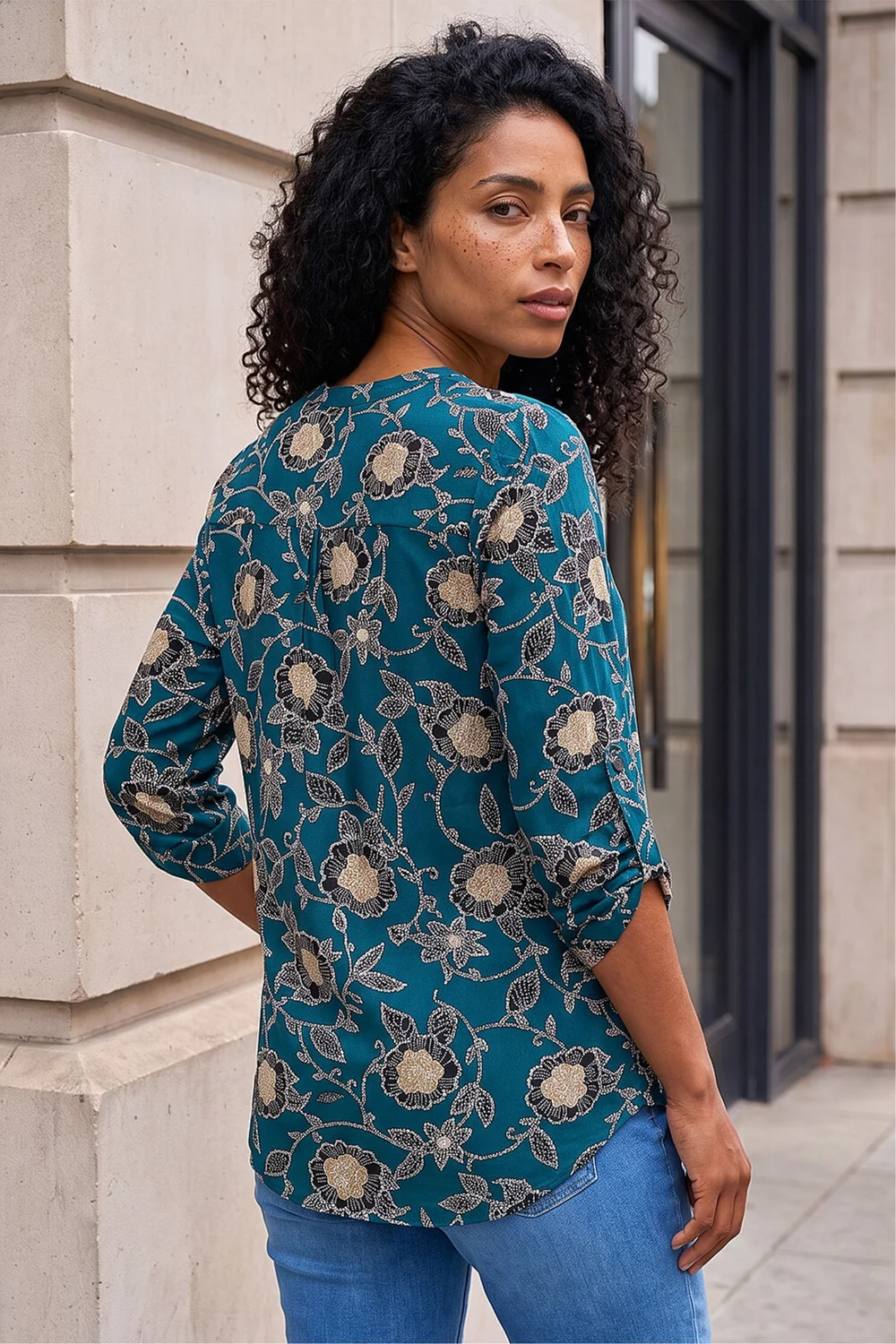 Roman Green Textured Floral Print Notch Neck Top - 20 Image 2