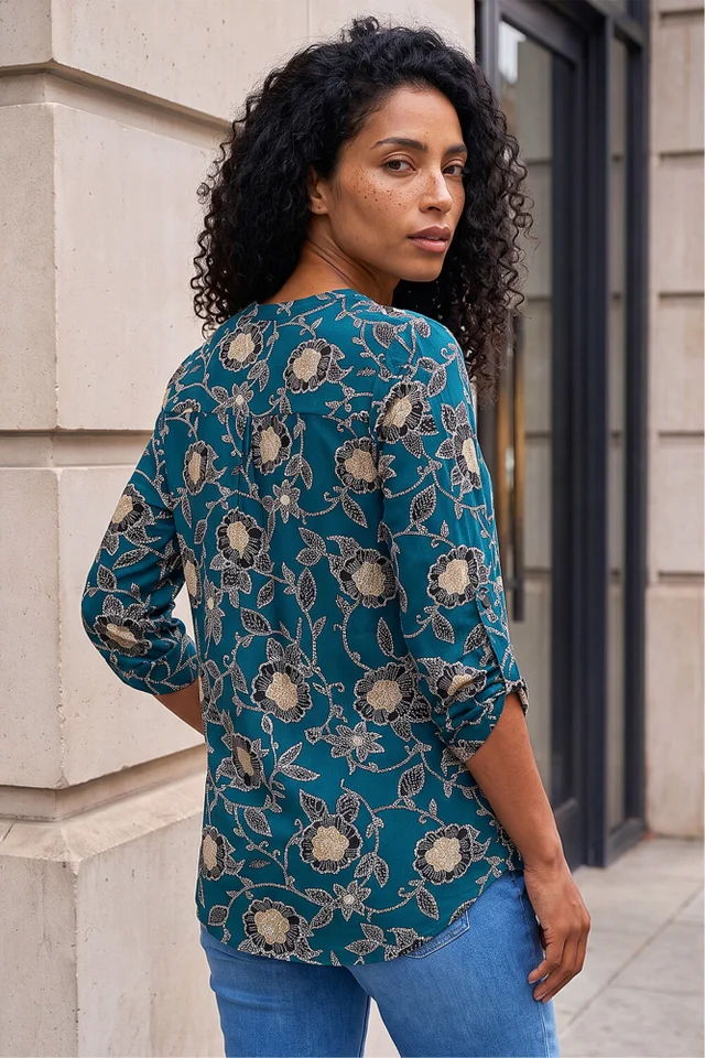 Roman Green Textured Floral Print Notch Neck Top