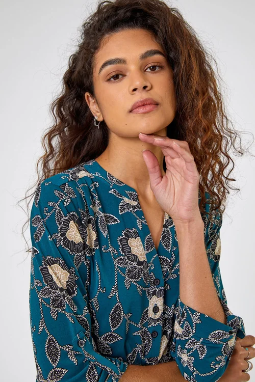 Roman Green Textured Floral Print Notch Neck Top - Size 20 Image 2