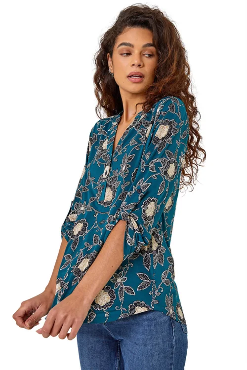 Roman Green Textured Floral Print Notch Neck Top - Size 20 Image 1