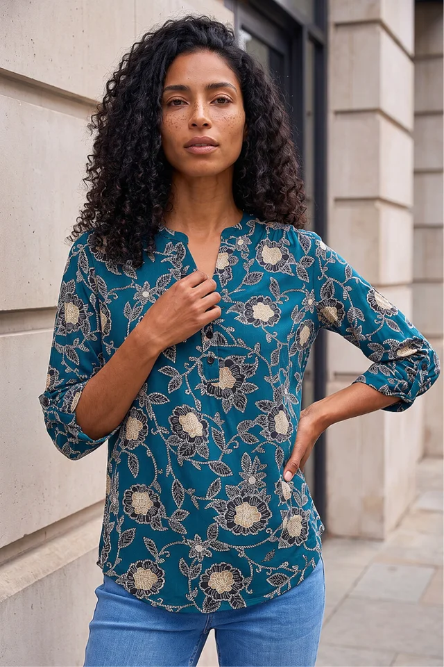 Roman Green Textured Floral Print Notch Neck Top