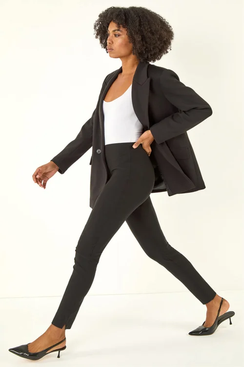 Roman Black Full Length Elastic Waist Stretch Trousers - 10 Image 1