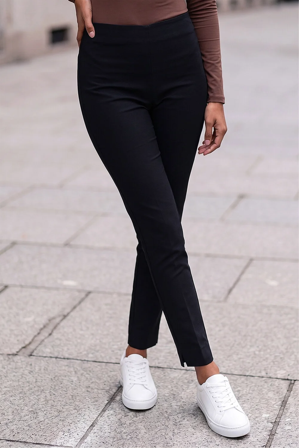 Roman Black Full Length Elastic Waist Stretch Trousers - 10 Image 1