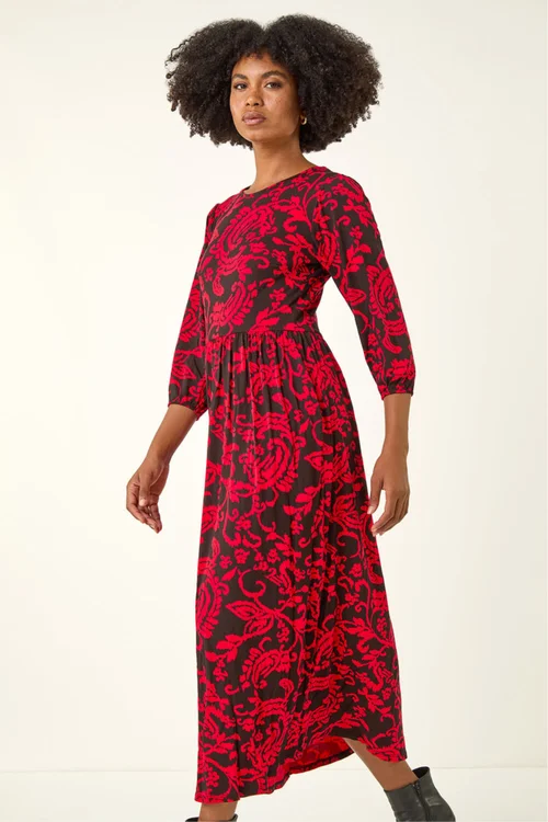 Roman Red Paisley Print Pocket Midi Stretch Dress - 18 Image 4