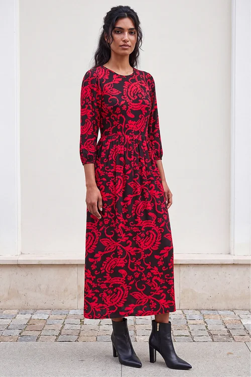 Roman Red Paisley Print Pocket Midi Stretch Dress - 18 Image 2