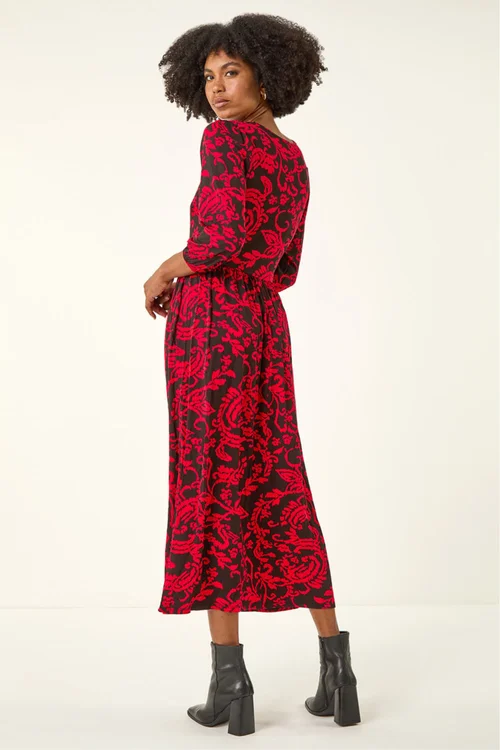 Roman Red Paisley Print Pocket Midi Stretch Dress - 18 Image 3