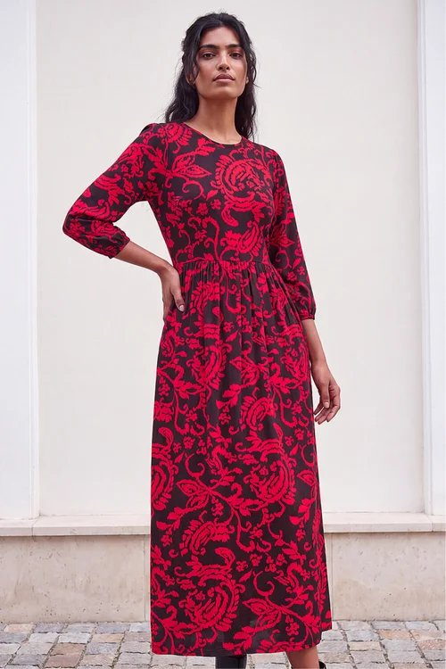 Roman Red Paisley Print Pocket Midi Stretch Dress - 18 Image 1
