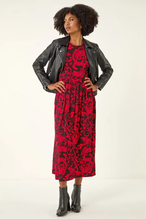 Roman Red Paisley Print Pocket Midi Stretch Dress - 18 Image 2
