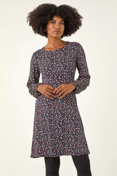 Roman Navy Ditsy Floral Print Stretch Dress - 18 Image 1