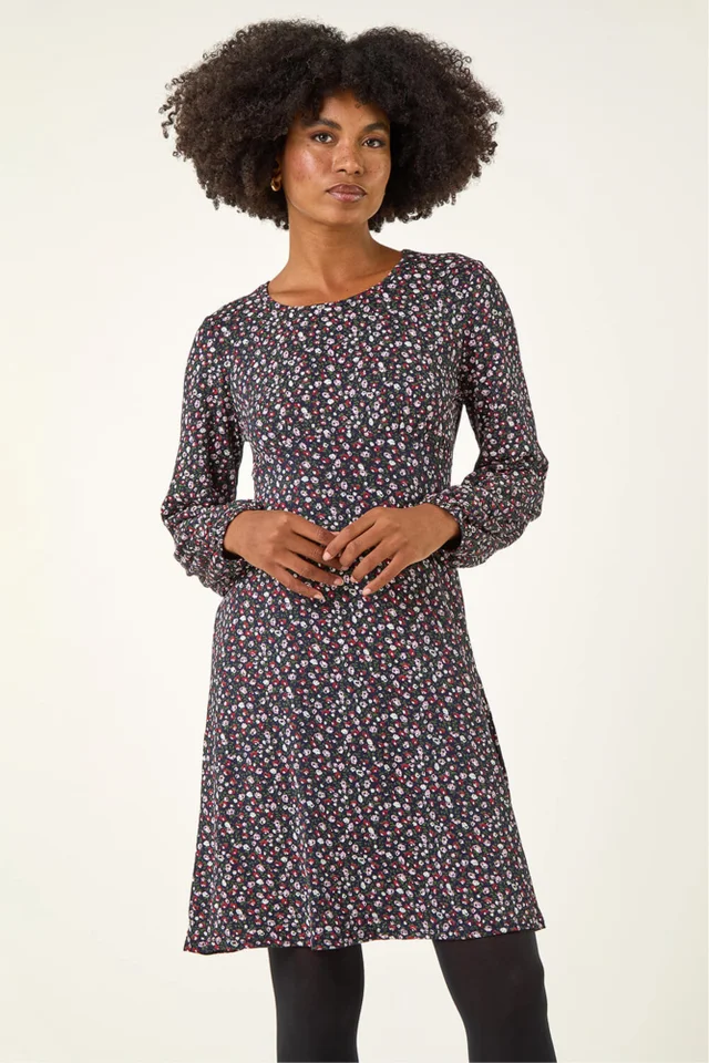 Roman Navy Ditsy Floral Print Stretch Dress