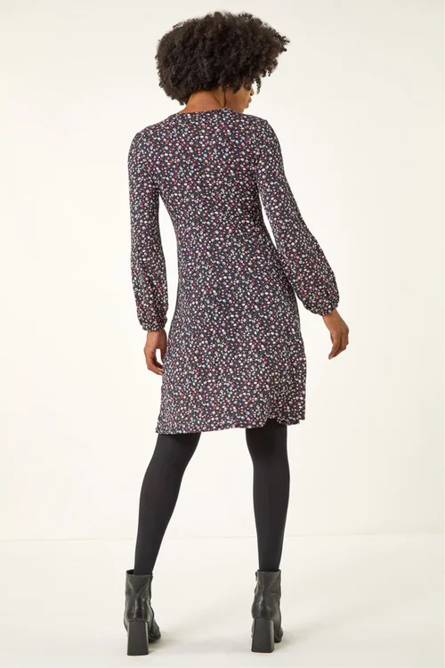 Roman Navy Ditsy Floral Print Stretch Dress - 18 Image 4