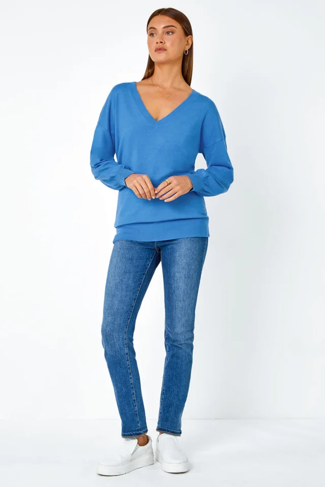 Roman Blue V-Neck Stretch Jumper