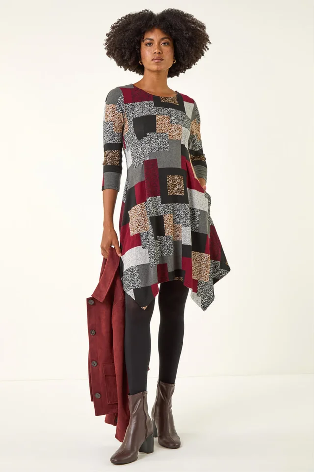 Roman Red Patchwork Pocket Detail Stretch Dress