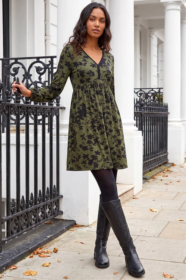 Roman Khaki Floral Contrast Trim Stretch Dress