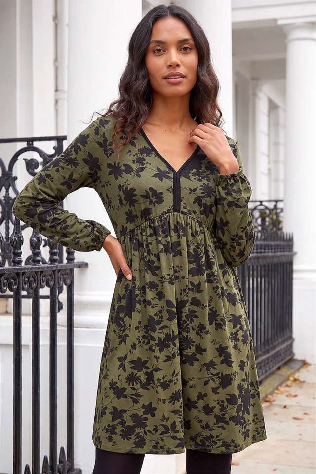 Roman Khaki Floral Contrast Trim Stretch Dress