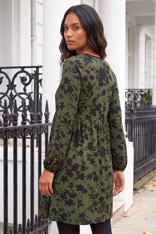 Roman Khaki Floral Contrast Trim Stretch Dress - 16 Image 3