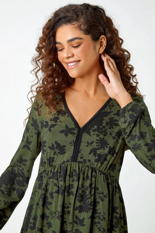 Roman Khaki Floral Contrast Trim Stretch Dress - 16 Image 4