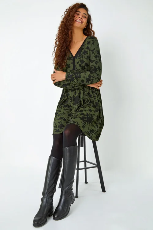 Roman Khaki Floral Contrast Trim Stretch Dress - 16 Image 2