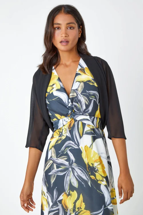 Roman Black Ruched Hem Chiffon Bolero - 18 Image 2