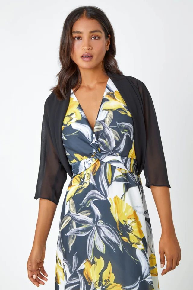 Roman Black Ruched Hem Chiffon Bolero