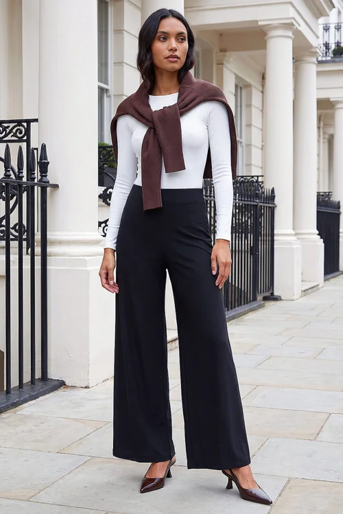 Roman Black Elastic Waist Wide Leg Stretch Trousers - 12 Image 2