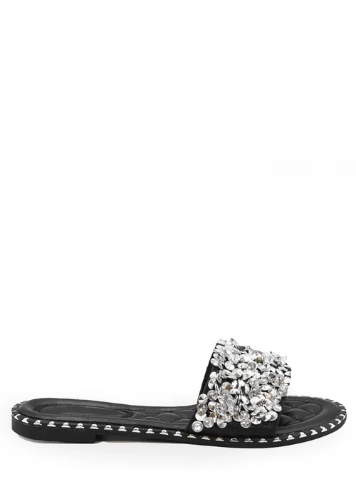 Where's That From Black Belle Diamante Sparkly Flat Sliders - Size 6 Image 1