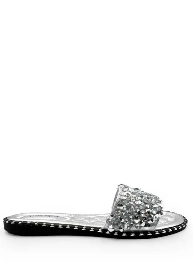 Where's That From Silver Belle Diamante Sparkly Flat Sliders