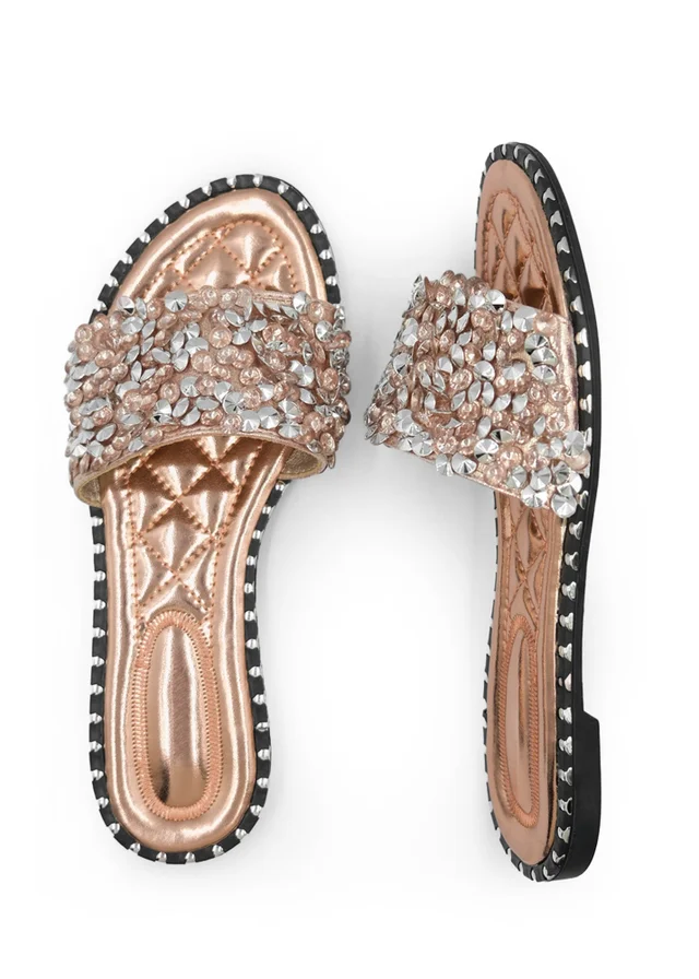 Where's That From Rose Gold Belle Diamante Sparkly Flat Sliders
