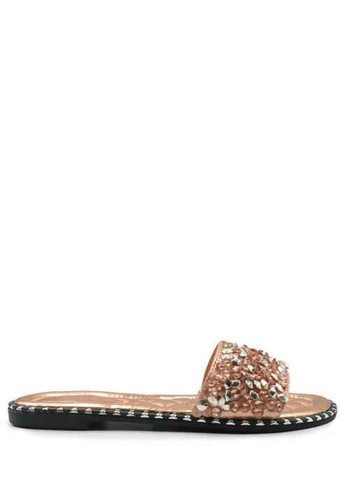 Where's That From Rose Gold Belle Diamante Sparkly Flat Sliders - Size 3 Image 1