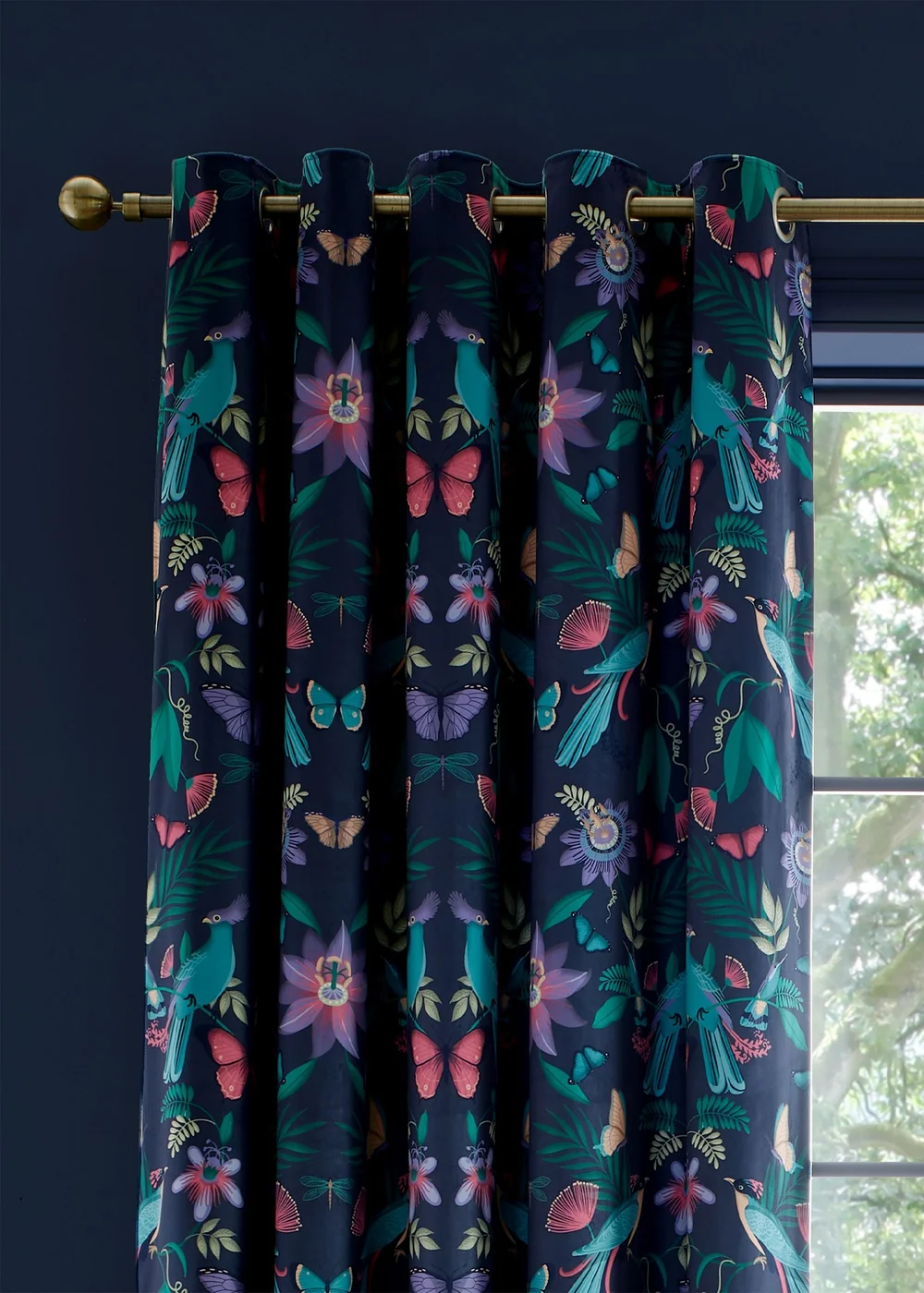 Catherine Lansfield Mya Tropical Birds Eyelet Curtains Navy Blue - 46W X 54D (117x137cm) Image 3