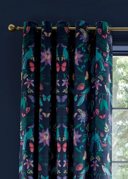 Catherine Lansfield Mya Tropical Birds Eyelet Curtains Navy Blue - 46W X 54D (117x137cm) Image 3