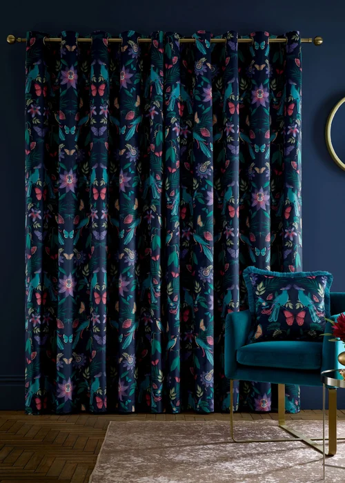Catherine Lansfield Mya Tropical Birds Eyelet Curtains Navy Blue - 46W X 54D (117x137cm) Image 2